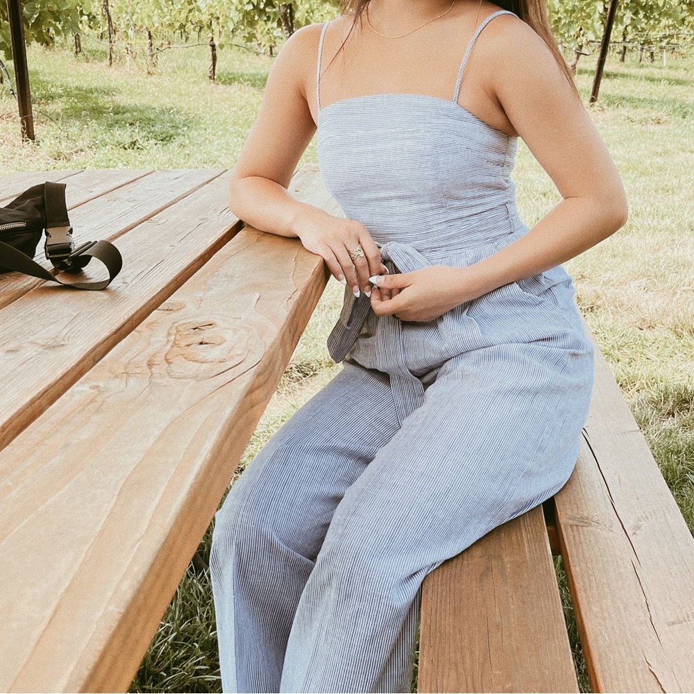 Light blue pinstripe jumpsuit